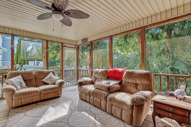 sunroom featuring ceiling fan, a healthy amount of sunlight, and wood ceiling