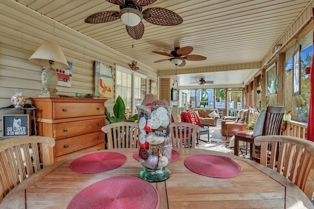 dining room with wooden walls, ceiling fan, and wood ceiling