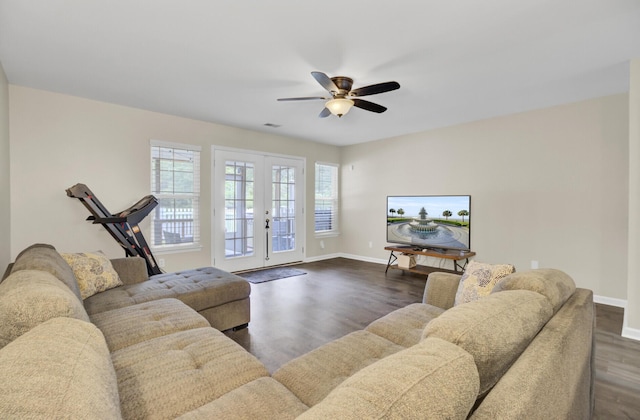 1005 Washitonia Way Unit B, Charleston, SC 29492 - living area with dark wood-type flooring, baseboards, french doors, and a ceiling fan