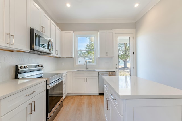 kitchen with appliances with stainless steel finishes, light countertops, a sink, and tasteful backsplash