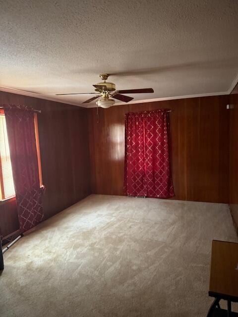 empty room featuring crown molding, wooden walls, a textured ceiling, and carpet