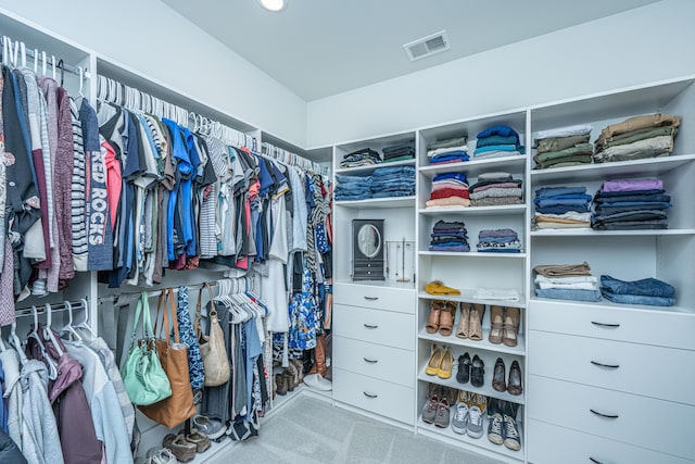 spacious closet featuring light colored carpet