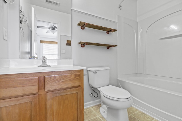 full bathroom featuring ceiling fan, shower / bathtub combination, toilet, and vanity