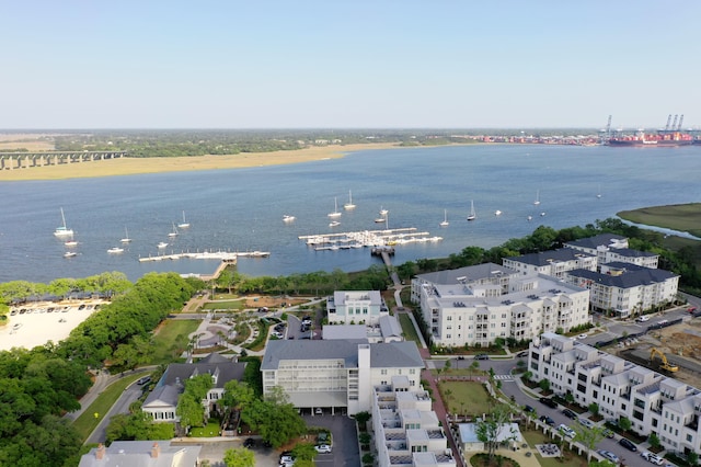 drone / aerial view with a water view