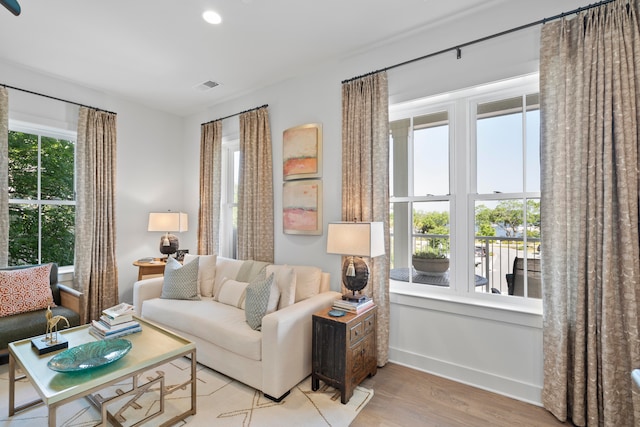 living room with light hardwood / wood-style flooring