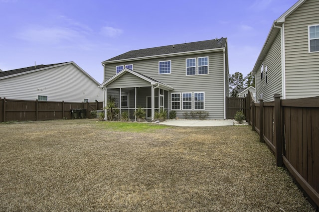 back of house with a patio, cooling unit, a yard, and a sunroom