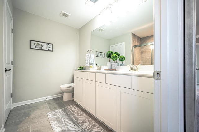 bathroom featuring double vanity, visible vents, a shower stall, and a sink