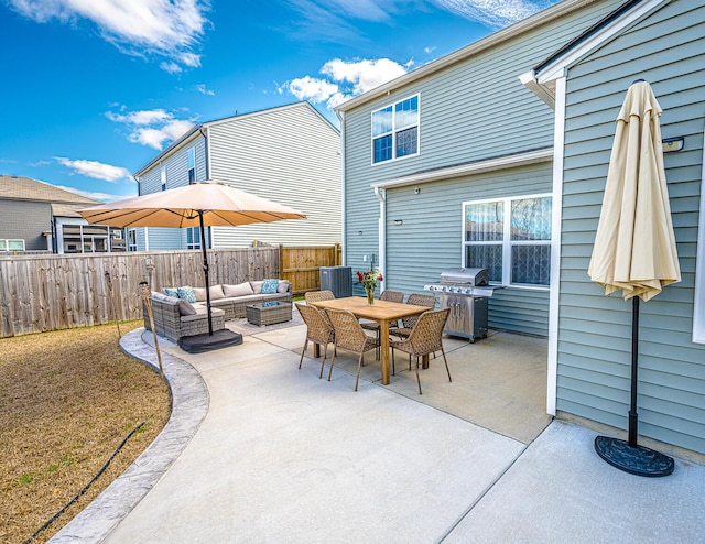 view of patio / terrace with a grill, outdoor lounge area, outdoor dining area, and fence