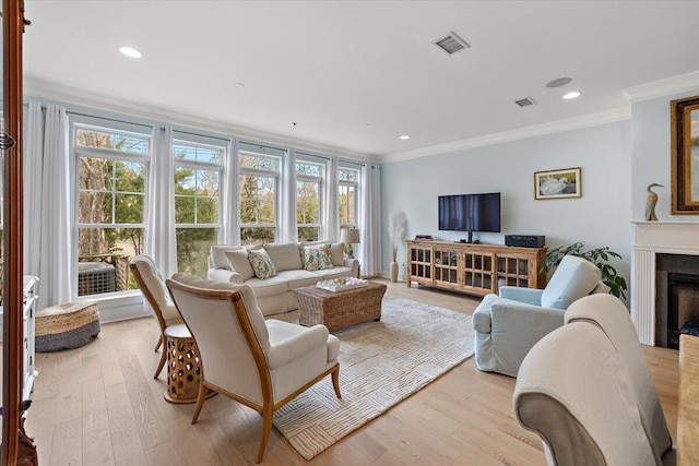 living area featuring visible vents, crown molding, and a fireplace