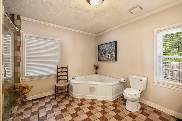 bathroom with baseboards, toilet, a garden tub, a textured ceiling, and ornamental molding