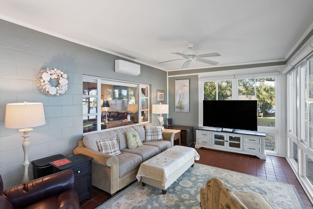 tiled living room featuring a wall mounted air conditioner, ceiling fan, and ornamental molding