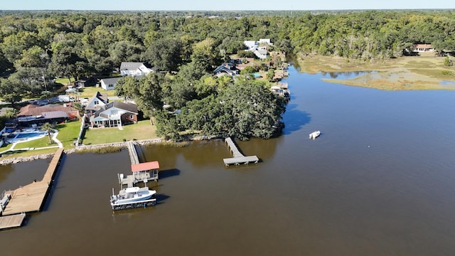 birds eye view of property featuring a view of trees and a water view