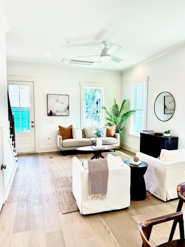30 Nats Ct, Charleston, SC 29403 - living room featuring light wood-style flooring, ceiling fan, and crown molding