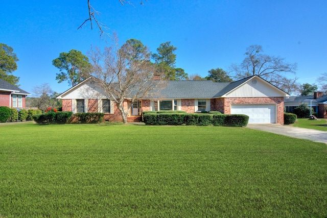 single story home with a garage and a front lawn