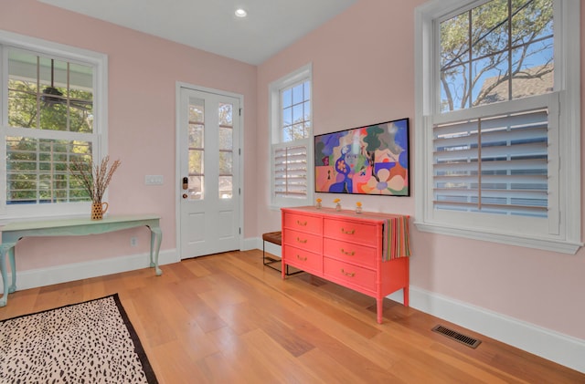 entrance foyer with light hardwood / wood-style floors and a healthy amount of sunlight