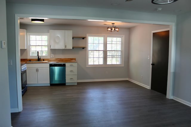 kitchen featuring a sink, dark wood-style flooring, dishwasher, and white cabinetry