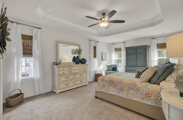 carpeted bedroom with a tray ceiling, multiple windows, and ceiling fan