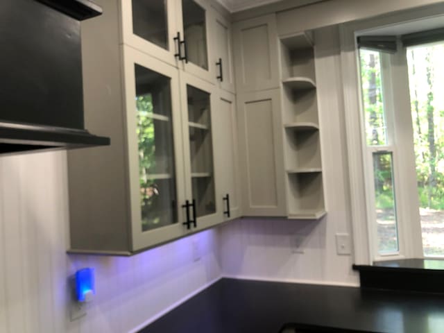 kitchen with glass insert cabinets