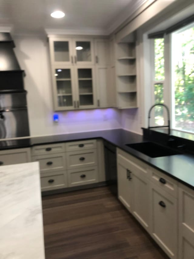 kitchen with crown molding, glass insert cabinets, open shelves, dark wood-style flooring, and a sink