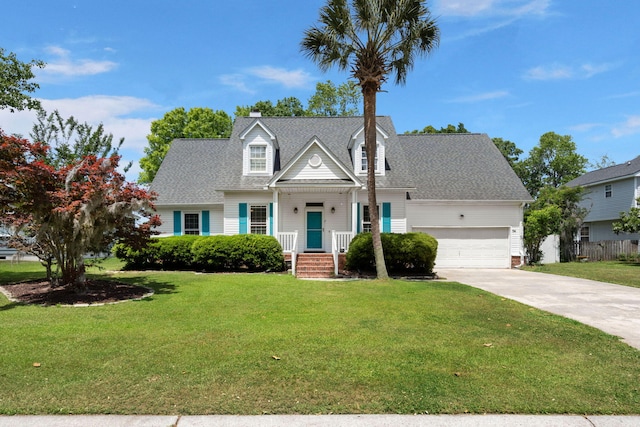 cape cod home with roof with shingles, an attached garage, driveway, and a front yard