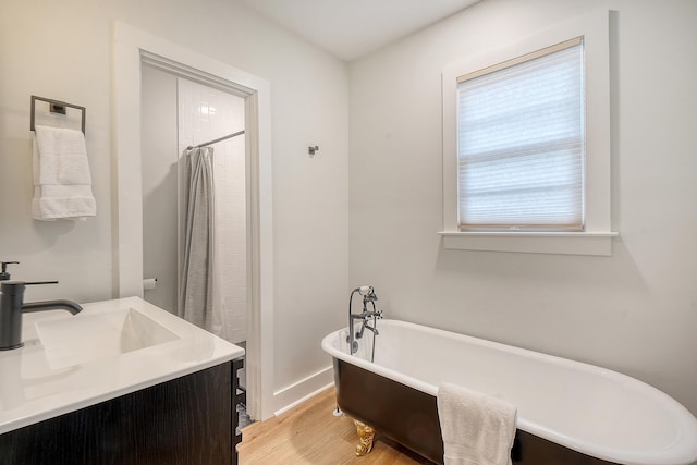 bathroom featuring vanity, shower with separate bathtub, and wood-type flooring