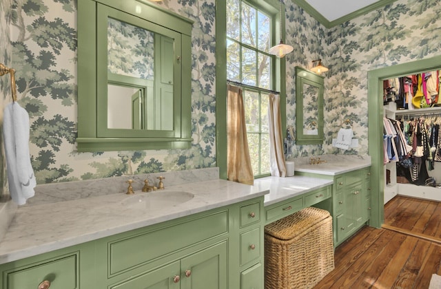 bathroom with hardwood / wood-style flooring and vanity