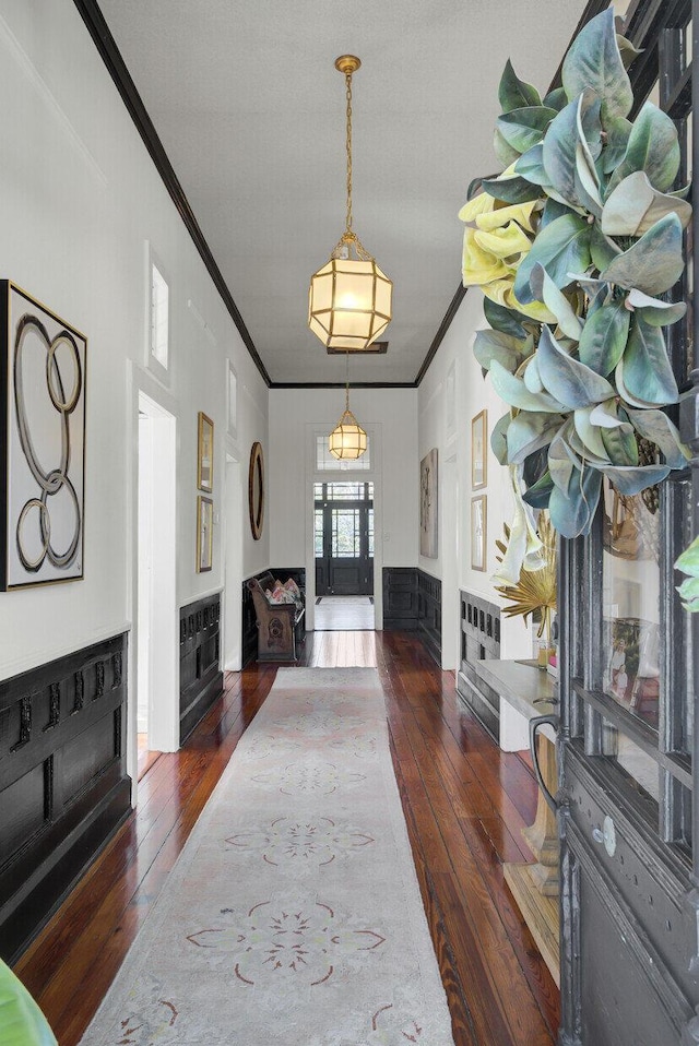 interior space with dark hardwood / wood-style flooring and ornamental molding