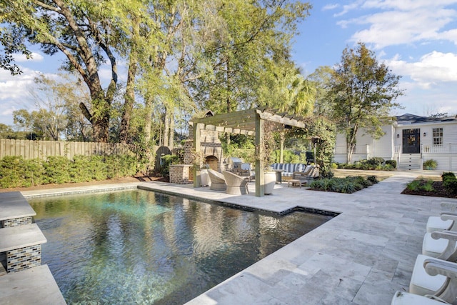 view of pool featuring an outdoor living space with a fireplace, a patio area, and a pergola