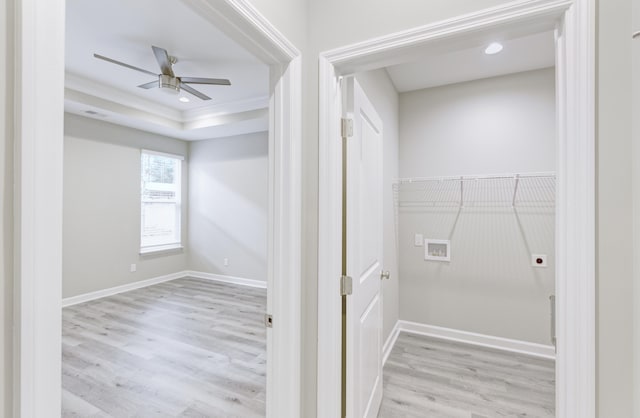 277 W Smith St, Lincolnville, SC 29485 - laundry area featuring wood finished floors, a ceiling fan, washer hookup, ornamental molding, and recessed lighting
