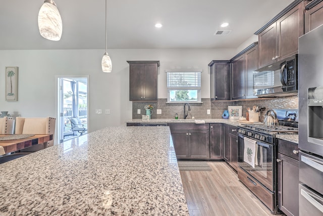 kitchen with decorative light fixtures, stainless steel appliances, a healthy amount of sunlight, and light hardwood / wood-style floors