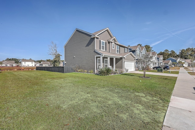 view of property exterior with a garage and a lawn