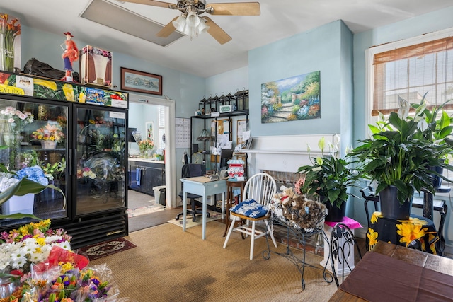 interior space featuring ceiling fan