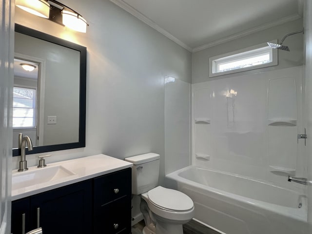 bathroom with shower / tub combination, vanity, toilet, and crown molding