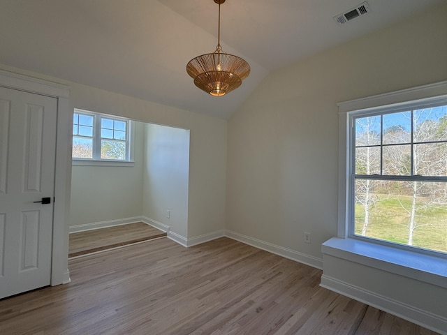 spare room with lofted ceiling, light wood-type flooring, and a wealth of natural light