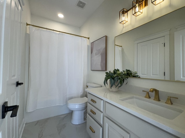 full bathroom with shower / bathtub combination with curtain, vanity, and toilet