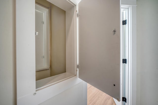 bathroom with hardwood / wood-style flooring