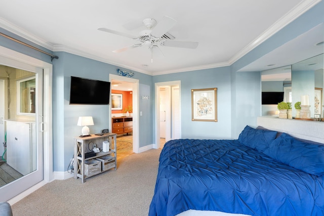 carpeted bedroom featuring crown molding and ceiling fan