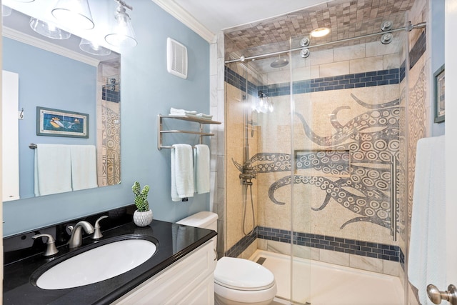 bathroom with ornamental molding, toilet, an enclosed shower, and vanity