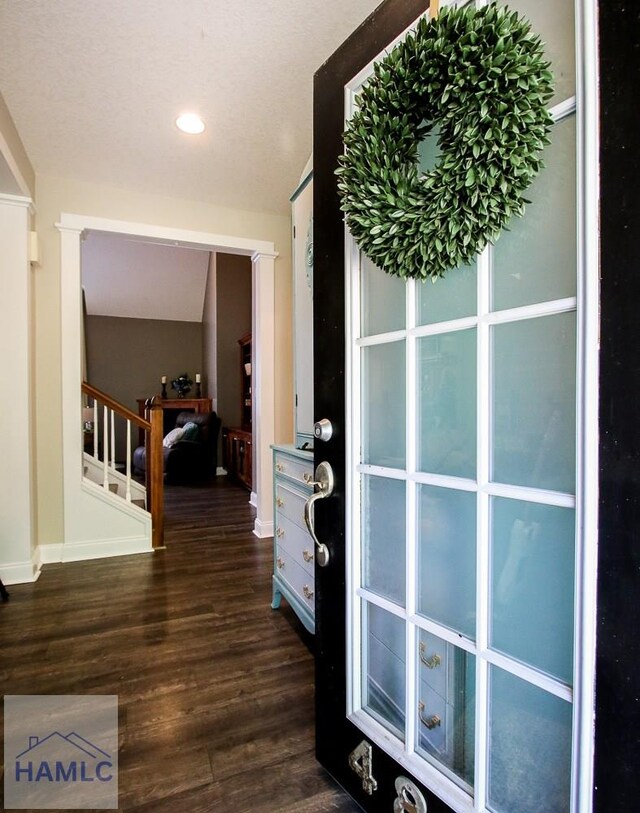 4800 Bay Branch Church Rd, Claxton, GA 30417 - foyer with dark wood-style floors, stairway, baseboards, and recessed lighting