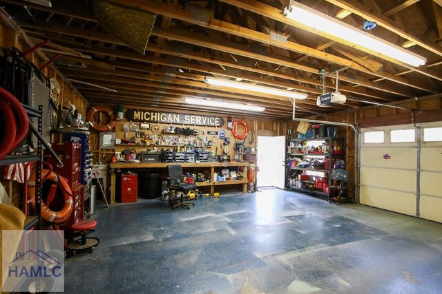 4800 Bay Branch Church Rd, Claxton, GA 30417 - garage with a workshop area and a garage door opener