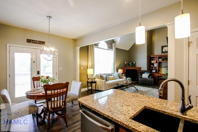 4800 Bay Branch Church Rd, Claxton, GA 30417 - kitchen with a sink, stainless steel dishwasher, dark wood-style flooring, healthy amount of natural light, and a textured ceiling