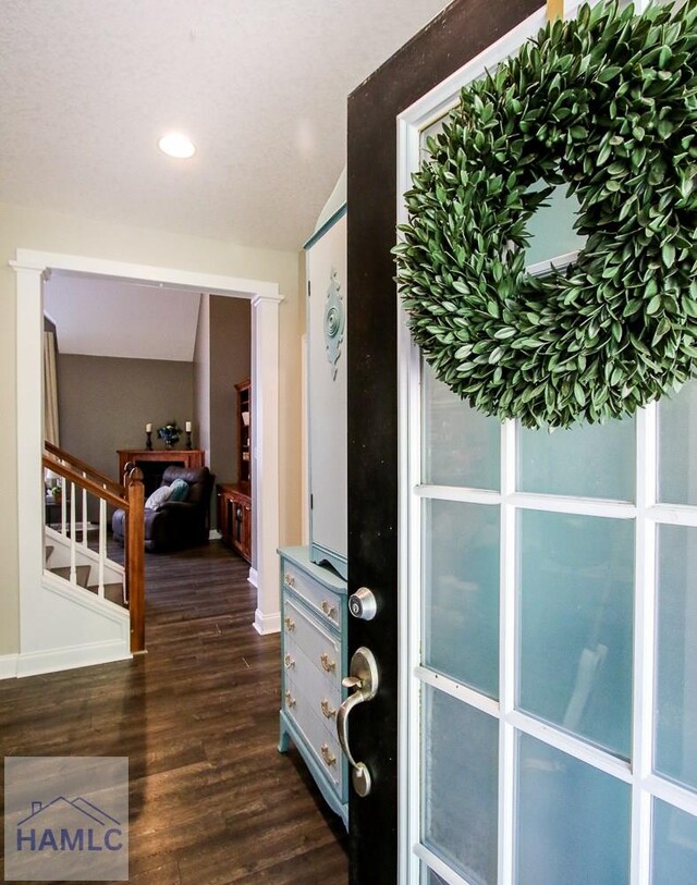 4800 Bay Branch Church Rd, Claxton, GA 30417 - entryway with dark wood finished floors, recessed lighting, stairs, and baseboards