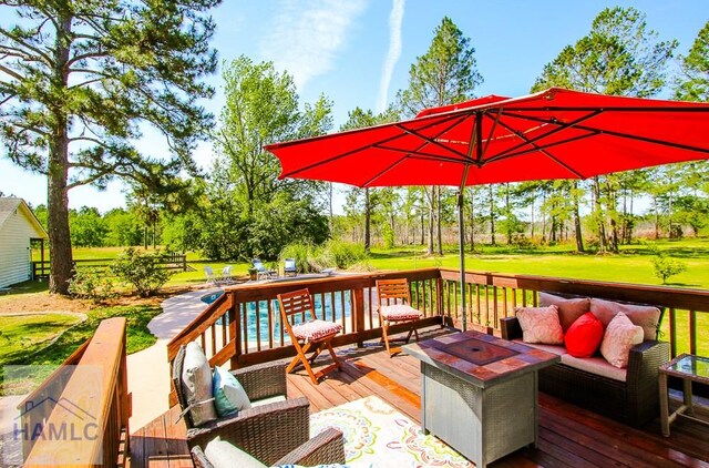 4800 Bay Branch Church Rd, Claxton, GA 30417 - wooden deck featuring outdoor lounge area, a lawn, and view of scattered trees
