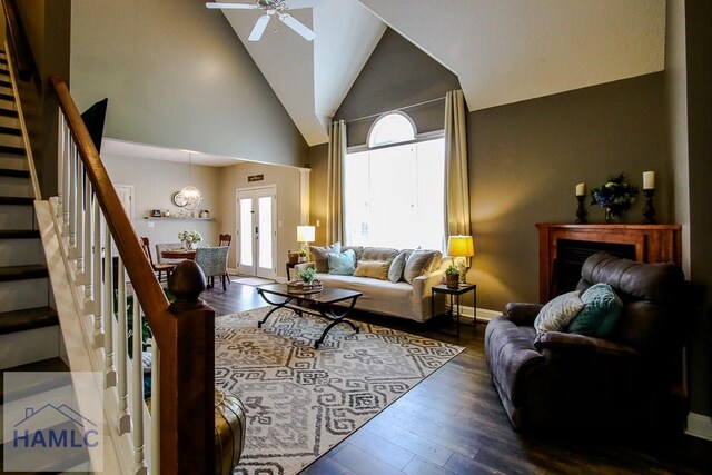 4800 Bay Branch Church Rd, Claxton, GA 30417 - living room with ceiling fan, stairs, high vaulted ceiling, wood finished floors, and baseboards