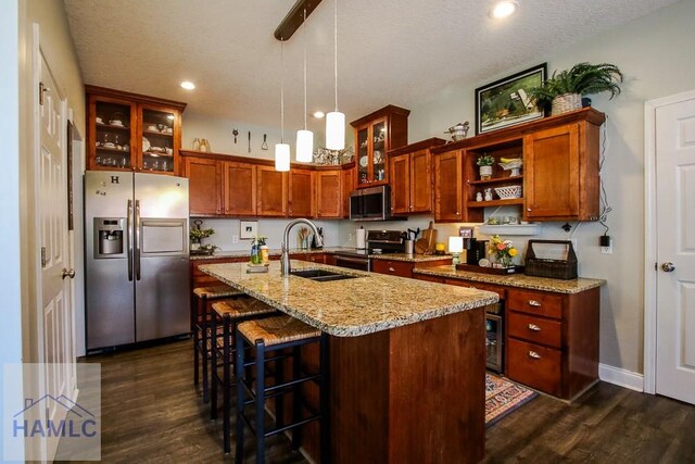 4800 Bay Branch Church Rd, Claxton, GA 30417 - kitchen with stainless steel appliances, a sink, dark wood-style floors, glass insert cabinets, and recessed lighting