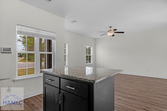 333 Grayson Ave, Hinesville, GA 31313 - kitchen featuring open floor plan, dark wood finished floors, a ceiling fan, dark cabinetry, and baseboards