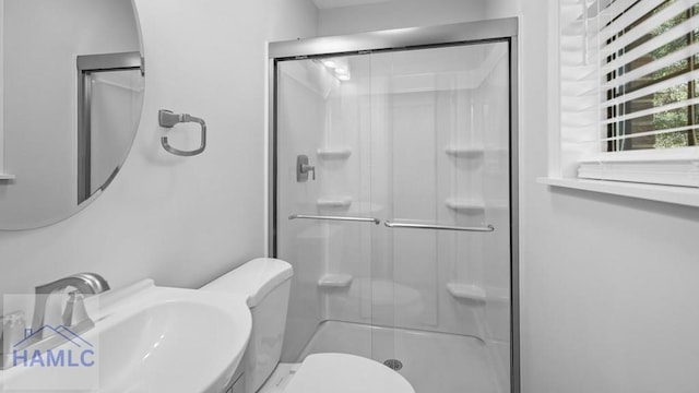 bathroom featuring sink, a shower with door, and toilet