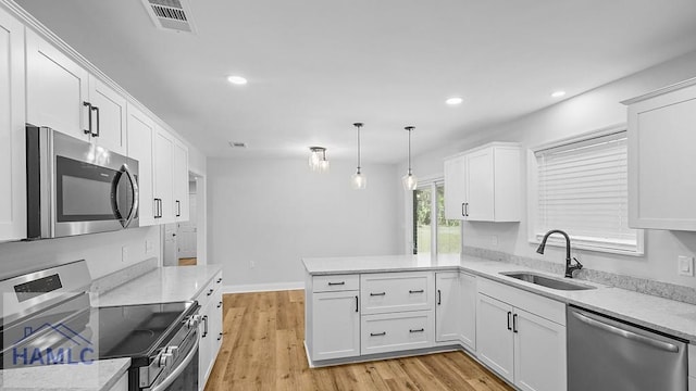 kitchen with white cabinetry, kitchen peninsula, sink, and appliances with stainless steel finishes