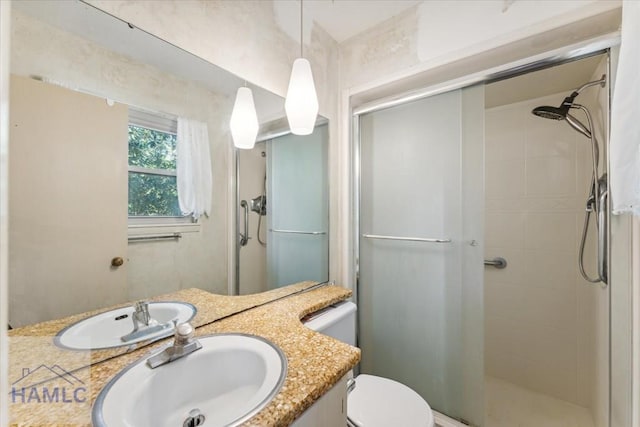 bathroom with vanity, toilet, and walk in shower