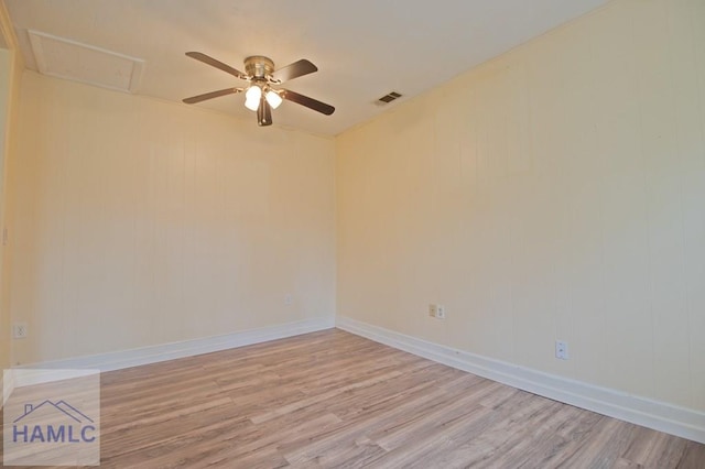130 Melrose Pl, Rincon, GA 31326 - empty room with attic access, light wood-style flooring, baseboards, visible vents, and ceiling fan